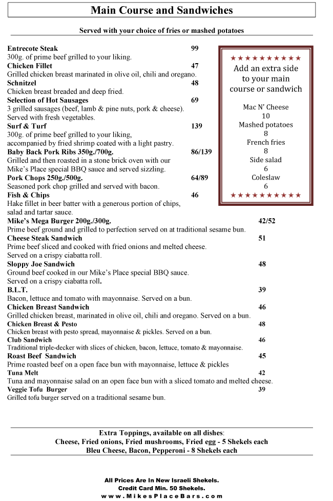 Main Course and Sandwiches Menu